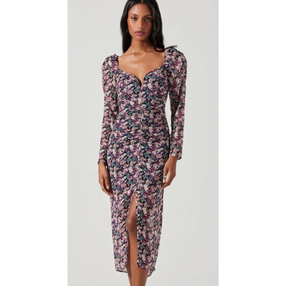 ASTR Jamila Floral Sweetheart Neck Midi Dress Puff Sleeves Ruched NWT